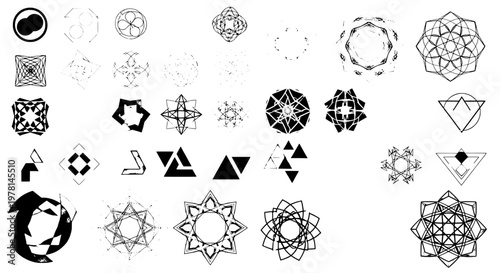 Triangles geometric shapes set with black lines and points, forming mandalas and stars. featuring abstract designs, vector graphics, illustrations