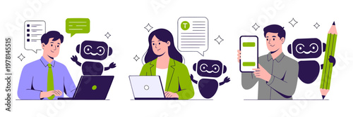 People working with chatbots and robots on laptops and tablets artificial intelligence technology computer illustration business assistance communication teamwork automation assistant