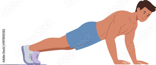 Man doing push up exercise with blue shorts and sneakers