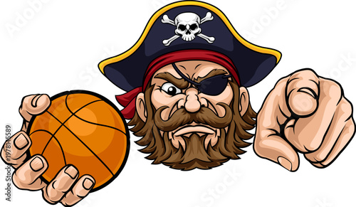 A Pirate man holding Basketball ball and pointing sports team cartoon charcater mascot illustration.