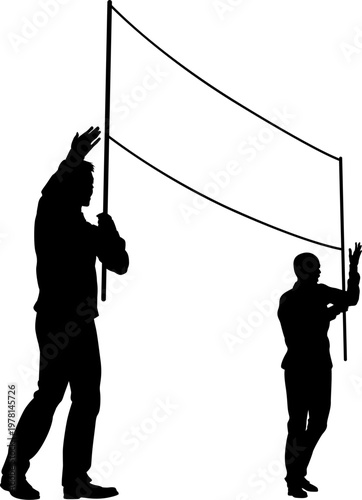 Two protestors or demonstrators at a demonstration march, picket line or strike protest rally in silhouette. Holding up a banner sign.