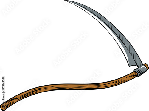 Scythe vintage harvesting farming or grim reaper hand tool. Illustration drawing in a vintage woodcut engraving style.