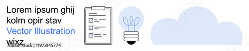 Task management, brainstorming, online storage, digital solutions, innovation, business growth. Checklist with boxes, light bulb and cloud shapes. Task management and brainstorming
