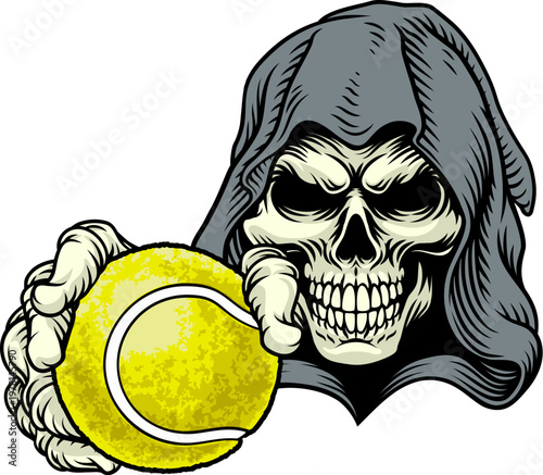 A grim reaper or death skeleton sports team or Halloween event mascot holding a tennis ball