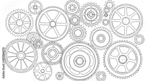 Gears set with interlocking cogs and mechanical wheels in black line art featuring illustration, machinery, industrial with technology and
