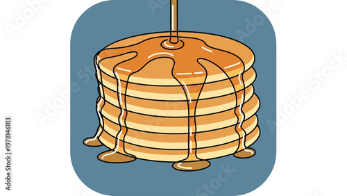 A stack of golden pancakes dripping with syrup on a blue background