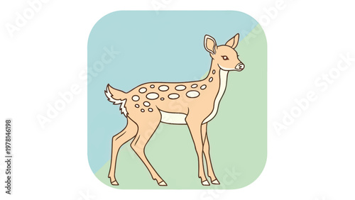 Spotted fawn standing against a pastel blue and green background
