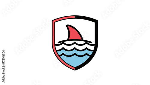 A stylized shark fin crest with waves and a protective shield outline