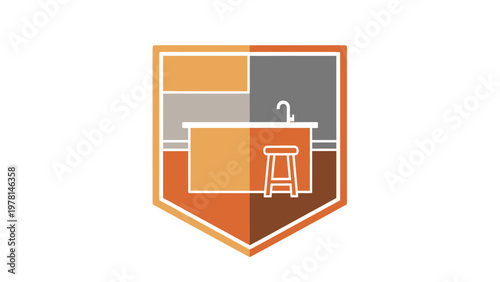 Minimalist icon depicting a kitchen counter with a stool and faucet