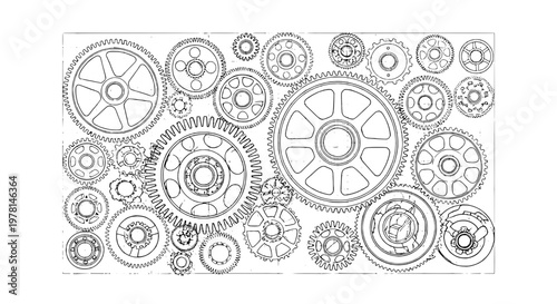 Gears mechanical illustration with intricate designs and patterns featuring engineering, industrial, machinery, clean composition on simple background