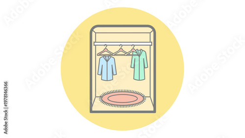 Minimalist closet with two garments on hangers & rug on floor