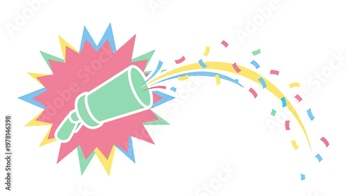 Green party popper blasts colorful confetti against a multi-pointed star burst