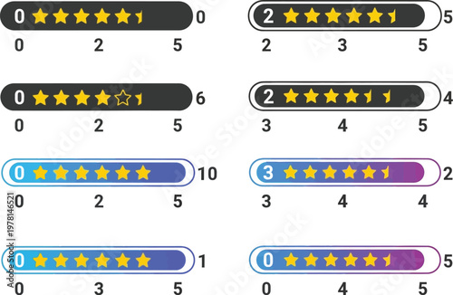 This professional vector illustration features various horizontal bar chart designs displaying user star ratings and numeric data for modern digital interfaces.