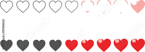 This digital vector illustration displays a collection of various heart icons arranged in rows to represent a visual rating scale system.