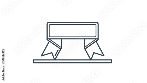 Minimalist line art of a rectangular banner with two triangular tails, on a horizontal line