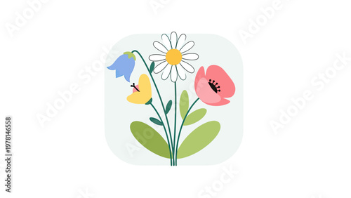 A whimsical arrangement of stylized wildflowers, including a daisy, poppy, and bluebell