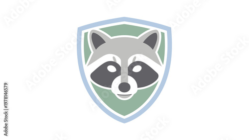 Stylized raccoon face centered within a blue and green shield shape