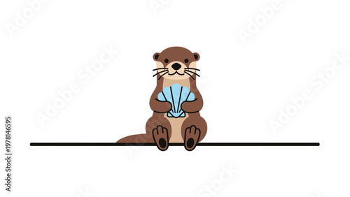 Adorable cartoon otter sitting on a line, holding a blue shell