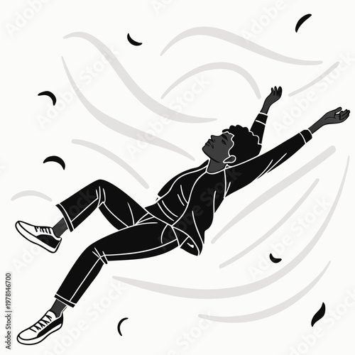 Minimalist black and white vector of person floating in air, surreal dream concept illustration, peaceful man falling through wind and leaves