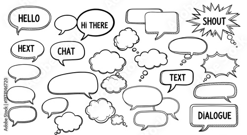 Speech bubbles doodle set with black outlines and various shapes for chat and dialogue featuring text, conversation, comic with cartoon and