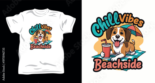 Cute puppy dog having picnic beachside chill vibes cartoon character design.