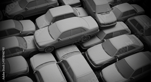 Many gray toy cars parked closely together in a lot.