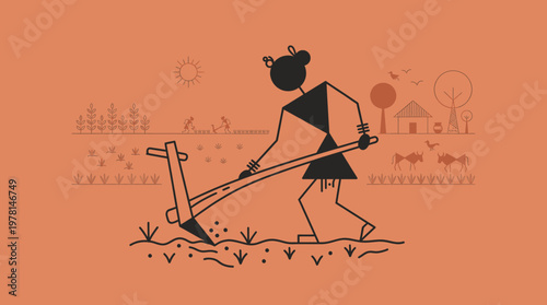 Indian Farmer Ploughing Field with Oxen and Village Scene Warli Art Style