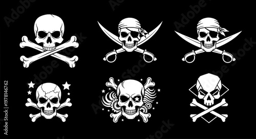 Skulls pirate icon set with crossed bones and sabers, vector graphic elements featuring skull, saber, sword with bandana and eye patch elements for