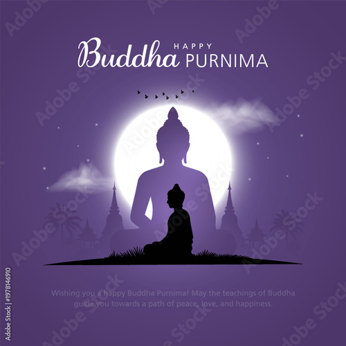 Happy Vesak Day, Buddha Purnima wishes greetings with silhouette of buddha. Creative vector illustration design.