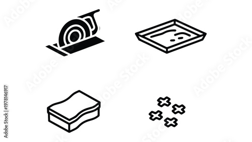 Home Cleaning Icon Set: A collection of simple, black and white line icons representing various cleaning supplies. Clean home essentials, perfectly illustrating tidiness and hygiene.