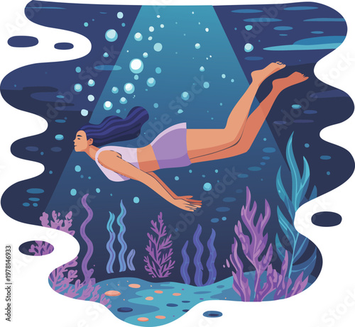 Woman Swimming Deep Underwater in Ocean Free Diving and Summer Water Sports Concept Vector Illustration

