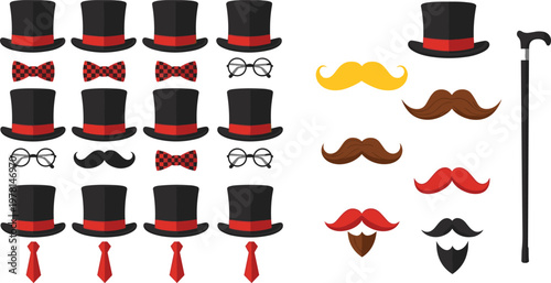 Gentleman accessories vector set featuring top hats, mustaches, bow ties, glasses, neckties and walking cane vintage style illustration