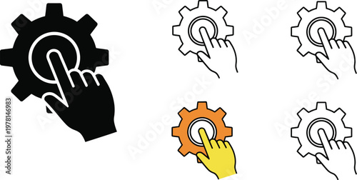 Minimalist vector graphic illustration of a human hand interacting with a mechanical gear icon representing maintenance and digital technical configuration