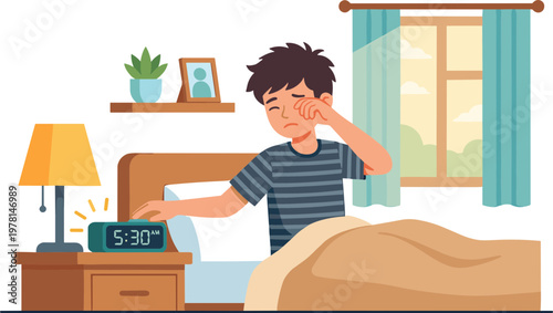 Boy wakes up early in bedroom with alarm clock ringing loudly indoors