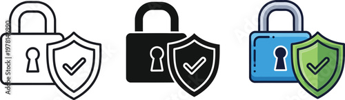 Three distinct vector graphic illustrations of a padlock and shield, symbolizing robust digital data protection and secure access solutions.
