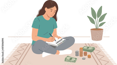 Woman sits on rug writing in notebook with money and plant nearby indoors.