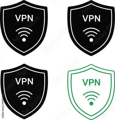This vector graphic illustration features a set of secure VPN shield icons with Wi-Fi symbols, emphasizing internet security and data privacy.