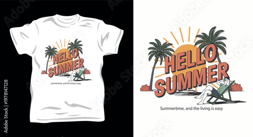 Hello summer t shirt design with palm trees sun and man relaxing on beach chair with tropical vacation theme.