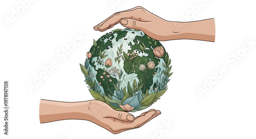 An earth day vector illustration features a pair of hands gently cradling a detailed globe adorned with lush greenery and thriving ecosystems, set against a clean white background