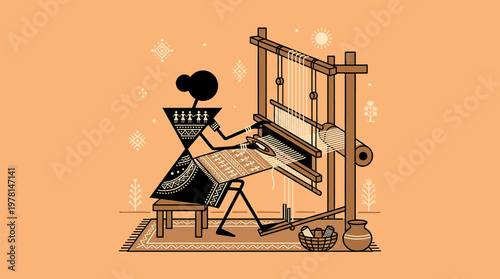 Warli Folk Art Illustration Portrays a Woman Skillfully Handweaving Cultural Patterns on a Traditional Loom Celebrating Ancient Textile Traditions
