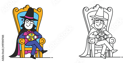 Cartoon Vampire King Sitting on Throne Coloring Page for Kids, Cute Dracula Illustration and Black and White Line Art Vector Set for Children Education and Halloween Fun Activity