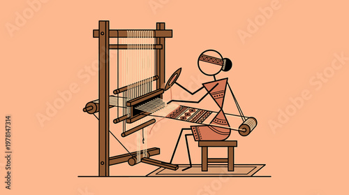 Tribal Woman Weaving on a Loom with Intricate Patterns and Traditional Clothing