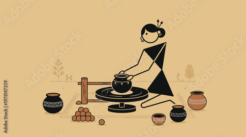 Indian Woman Potter Crafting Clay Pots on a Wheel with Traditional Art