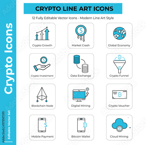 Minimalist Cryptocurrency Line Art Icons Sheet for Modern Financial Branding and Design