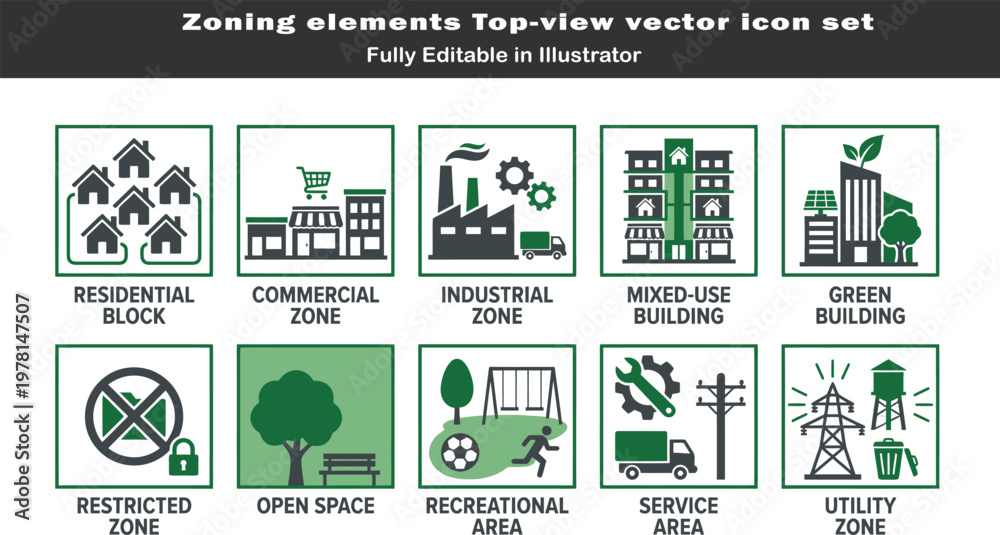 Obraz premium Building zoning symbols vector set, top view architectural CAD icons, residential commercial industrial zones, green buildings, land use planning, clean layout