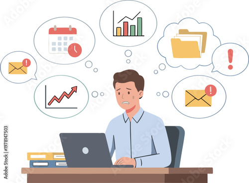 Businessman sitting at desk thinking about work tasks and deadlines