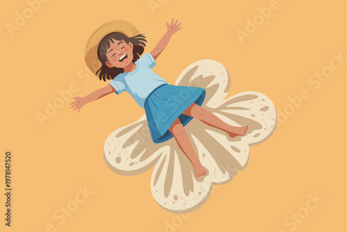 Little Girl Playing with Fabric Wings Imagining Flying Childhood Dreams and Creativity Concept Vector Illustration

