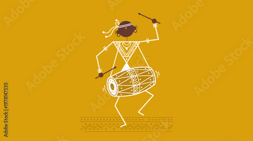 Tribal Man Playing Dhol Drum in Traditional Indian Folk Art Style