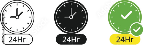 Minimalist vector illustration featuring set of round clock icons with twenty four hour service labels for modern digital design projects