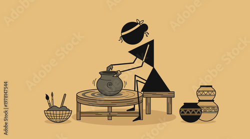 Warli Art Style Woman Making Pottery on a Wheel with Brushes and Pots